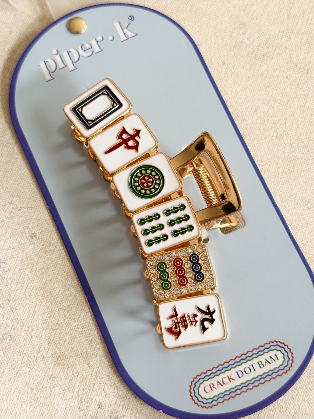 Piper K Gold Mahjong Tile Hair Clip with White Enamel and Multicolor Accents